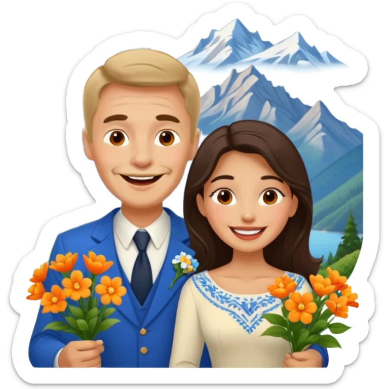 Laughing Couple traveling in Montenegro russian man and elegant  Latina girl delicate flowers and mountains in the background sticker
