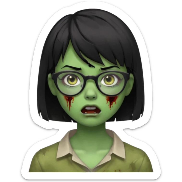 faça uma menina zumbi,da cor verde,com o cabelo curto preto até o pescoço,franja,óculos pretos,olhos escuros,boca meio aberta e alguns machucados pelo rosto sticker