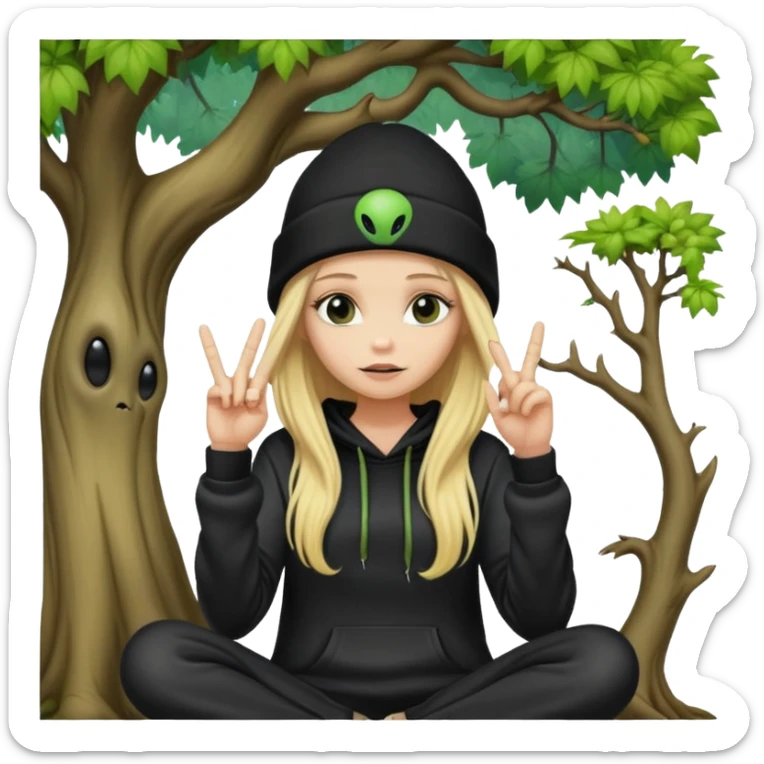 long haired blonde sitting by a tree with her middle finger up. I want her wearing a black beanie and an alien hoodie sticker