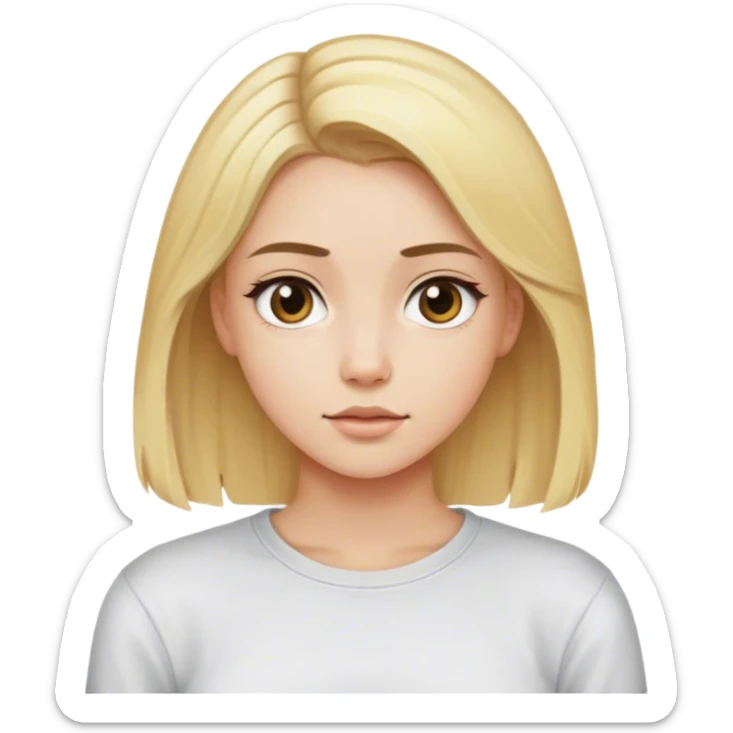 White girl with long sleeve T shirt with blonde hair and a middle part sticker