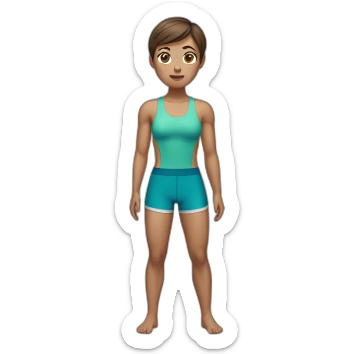 woman with muscles,short hair,tired eyes,brown hair, tight swimming trunks sticker