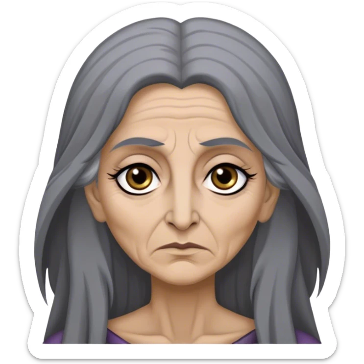 Mirri Maz Duur is a weathered, age 50 Lhazareen woman with deep-set dark eyes, high cheekbones, and a sharp nose, giving her a stern, knowing expression. Her long, unkempt dark hair streaked with gray falls loosely over her shoulders sticker