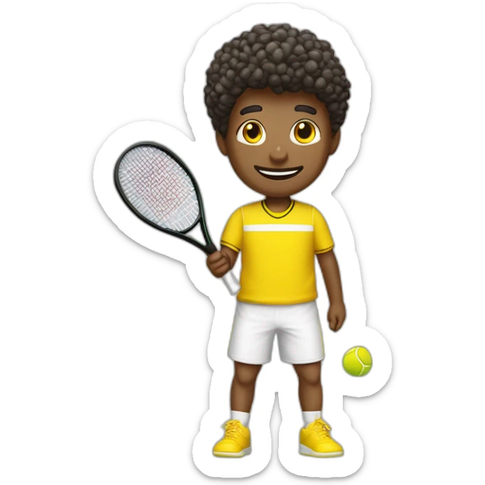 Ragazzo riccio con maglietta gialla gioca stanco con una racchetta da tennis sticker