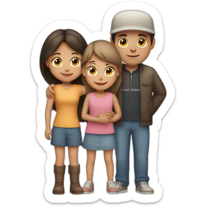 A girl hugs both her parents (light skin color, dark hair - mother with a headdress and father with a cap) sticker