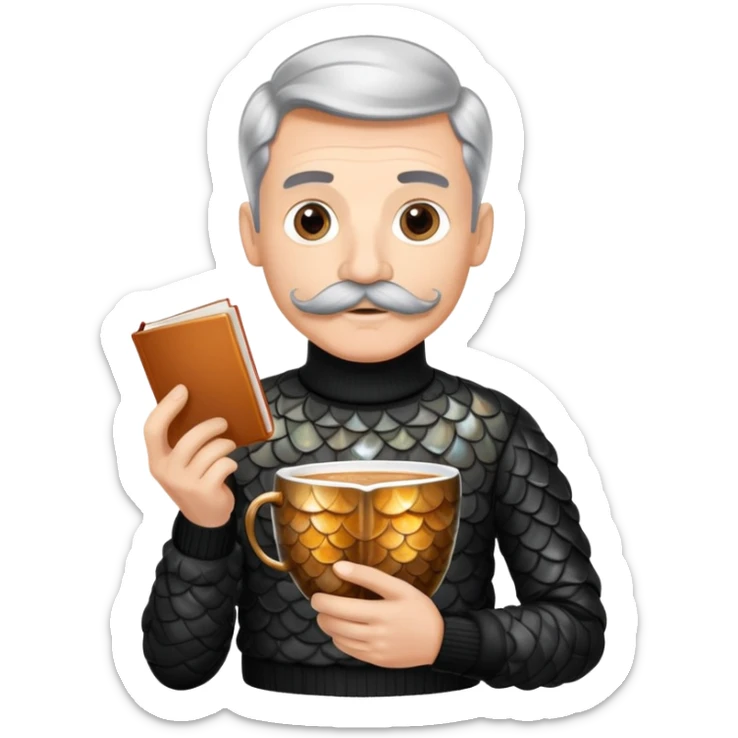 A fish, a German fish, sipping on a cappuccino in Austria. They are wearing a black turtleneck sweater tucked into black pleated pants, with a mustache and prismatic scales almost like rainbow fish, but not quite because that’d be copyrighted. They are reading a good book sticker