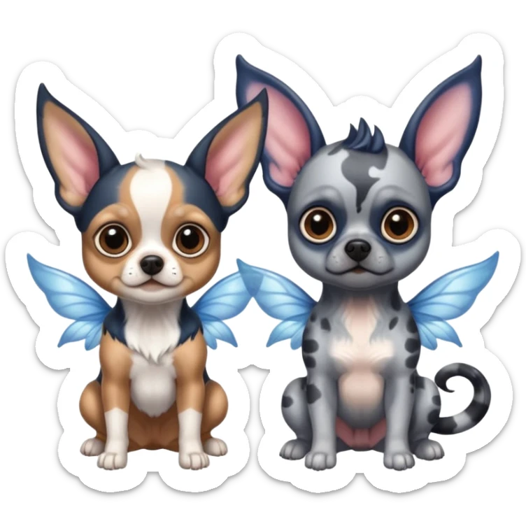 Black and tan chihuahua and blue Merle Frenchie with fairy wings and devil horns and big eyes  sticker