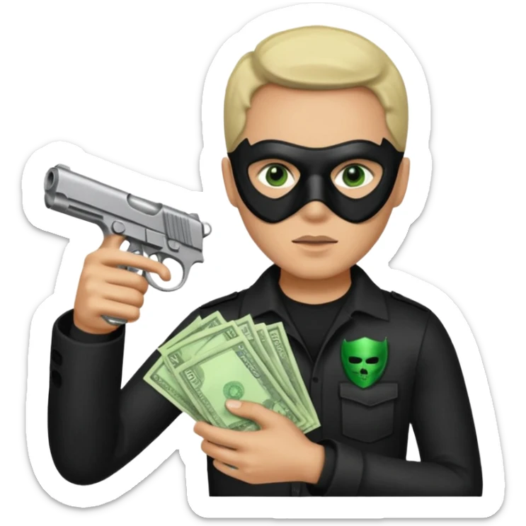 Un emoji con una mascara negra con una pistola pequeña en la mano y que en la otra mano tenga una paca de billetes sticker