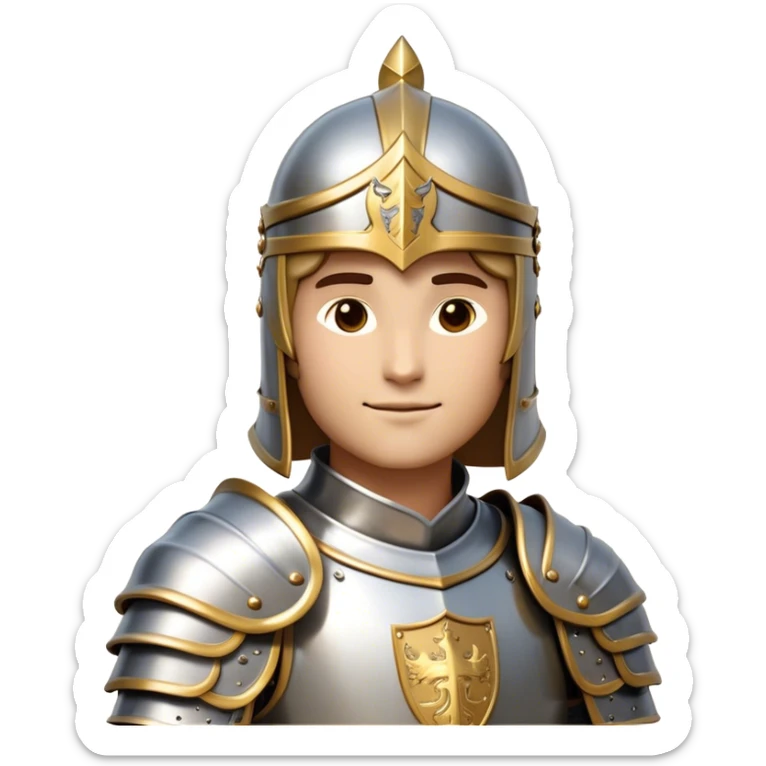 Clash of Clans aesthetic: Beautiful and Majestic Knight Portrait Emoji, Rendered in serene valor with a gentle, confident smile and regal bearing, showcasing a refined, elegantly armored form with polished heraldic accents and softly closed eyes in natural skin tone, Simplified yet exquisitely endearing features, highly detailed, glowing with a soft, majestic light, high shine, calm and heroic, stylized with an air of timeless chivalric grace, soft glowing outline, capturing the essence of a majestic knight whose noble spirit inspires epic quests! sticker