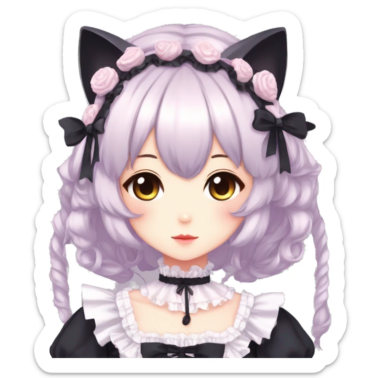 Gorgeous gothic Lolita anime style catgirl with blushing face with maid outfit laces headdress idol model kawaiicore pearly petite simplistic aesthetic trending style sticker