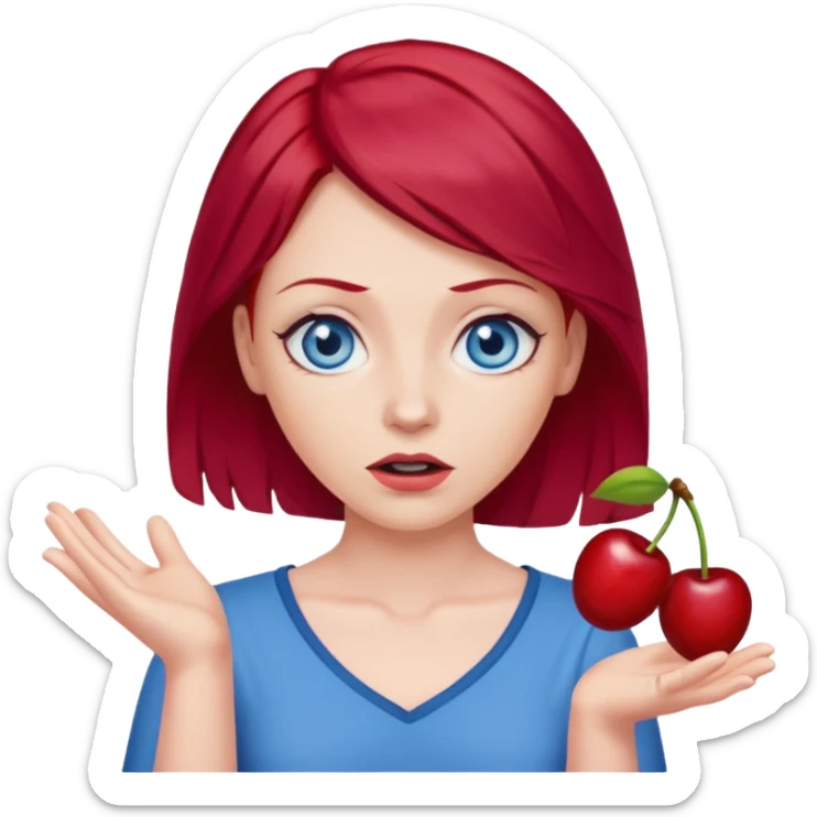 create a woman shrugging emoji, she is white, has blue eyes and cherry red hair sticker