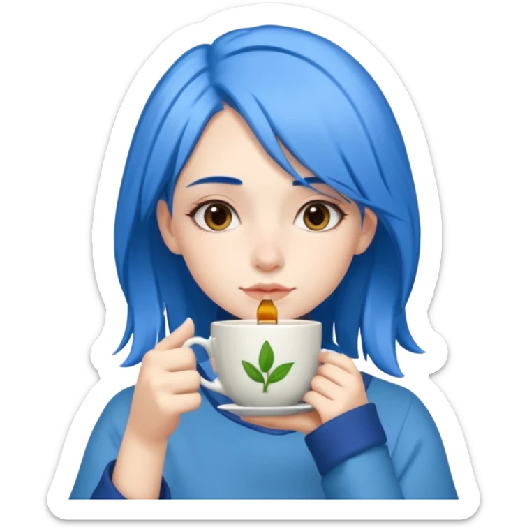 Chica peli azul con piek clara bebiendo te sticker