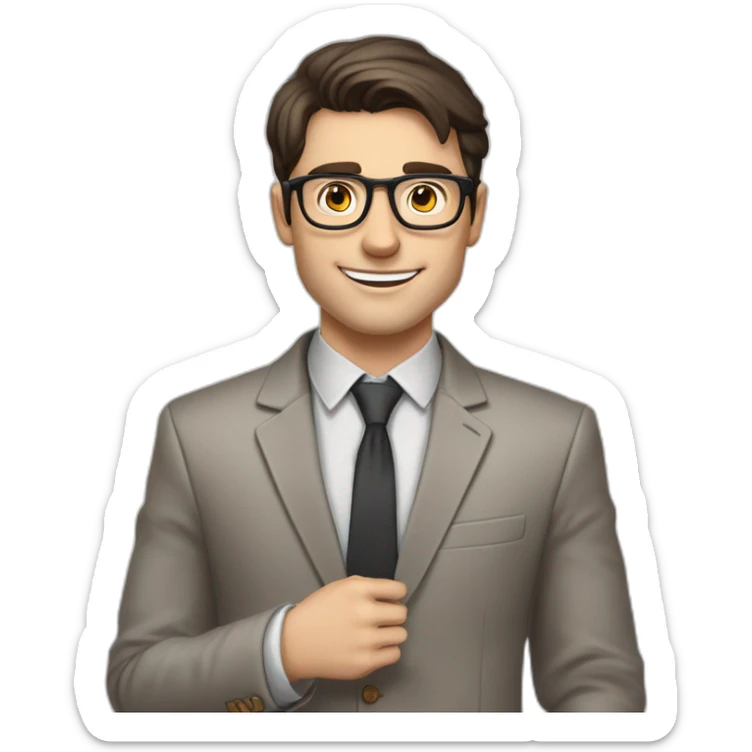 Pale skinned fit man with dark brown hair in gray jacket, beige office shirt, brown tie, brown pants and vintage glasses Writing on the flipchart sticker