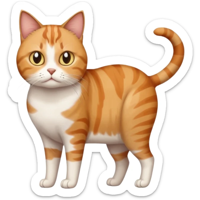 full body white, ginger and brown tabby calicio cat with skinny head and fat body with an anxious face sticker