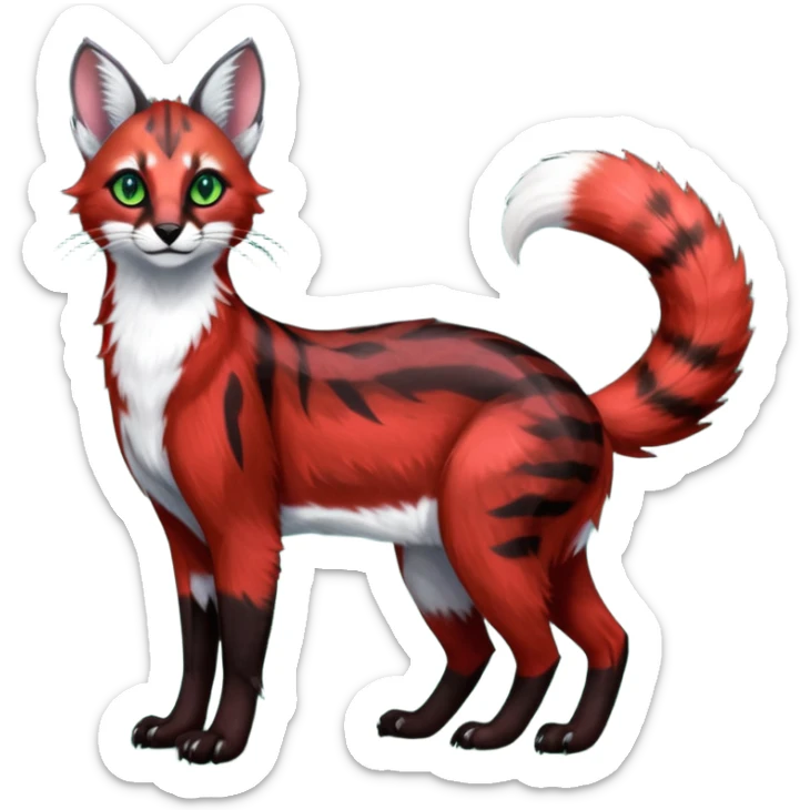 Colorful dark tropical sanguine-red, black, white fur, with green eyes, iridescent glorious divine exotic cute cool beautiful shiny beautiful fantasy-caracal-civet-genet-sergal-vernid-Cacomistle-oncilla-animal-Fakémon-hybrid-fursona with pattern markings (full body) sticker