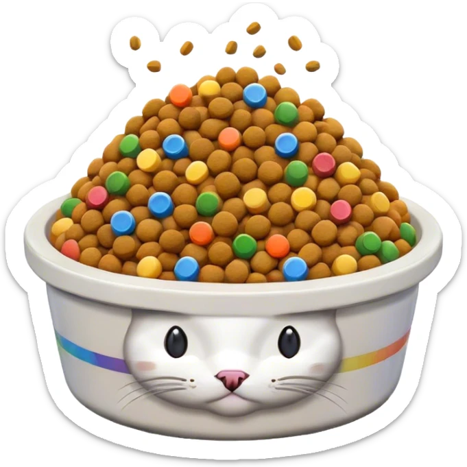 in the style of pixel art, make a food bowl . In the bowl is white cat food which is piled so high on top of the bowl. There are small pieces of rainbow food in the bowl too. there is only food in the bowl sticker