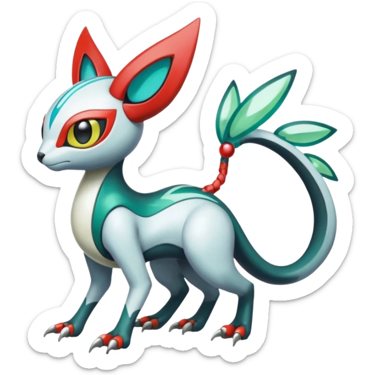 Shiny Colorful Futuristic Cyber-Vernid-Trico-Meloetta-Latias-Koraidon-Peppercat-Protogen-Pokémon-Digimon-Fakémon-fusion-hybrid-creature sticker