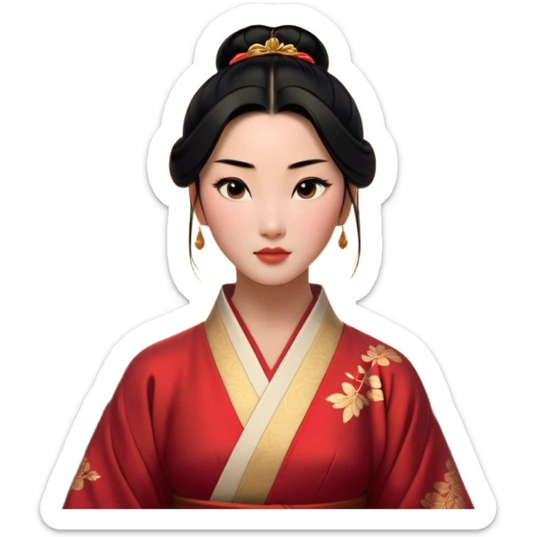 Cinematic Realistic Noble Mulan Portrait, depicted with lifelike, warm light-toned skin that reveals subtle texture and natural shadows. Her sleek black hair is intricately styled into a traditional bun with every strand rendered in exquisite detail, and her almond-shaped eyes, full of quiet resolve, are softly illuminated. She wears a meticulously detailed traditional robe with delicate red and gold accents, its rich fabric textures and gentle folds catching the light beautifully. The portrait radiates a natural, enchanting glow, capturing Mulan’s inner strength and timeless grace in a realistically painterly style. sticker