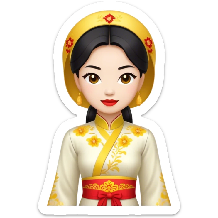 Cinematic Realistic Ao Dai Pop Culture Emoji, featuring an elegant portrayal of the traditional Vietnamese dress rendered with graceful textures and vibrant, cultural lighting. sticker