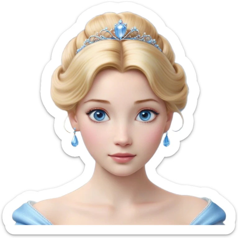Cinematic Realistic Cinderella Portrait, depicted with lifelike skin texture, subtle rosy undertones, and soft natural lighting that enhances the gentle contours of her face. Her intricately detailed golden blonde hair is elegantly styled in an updo, with delicate wisps framing her face for added realism. Her deep, expressive blue eyes radiate warmth and sincerity, reflecting a quiet resilience and grace. She is dressed in her iconic ball gown, the fabric shimmering with intricate embroidery and fine translucent layers that catch the light beautifully. The soft sheen of satin gloves and the delicate sparkle of a glass-like slipper peeking from beneath her dress add a touch of magical realism. The portrait features an enchanting glow with a natural, luminous finish, seamlessly blending realism and fairytale charm to evoke a sense of depth, elegance, and timeless beauty. sticker