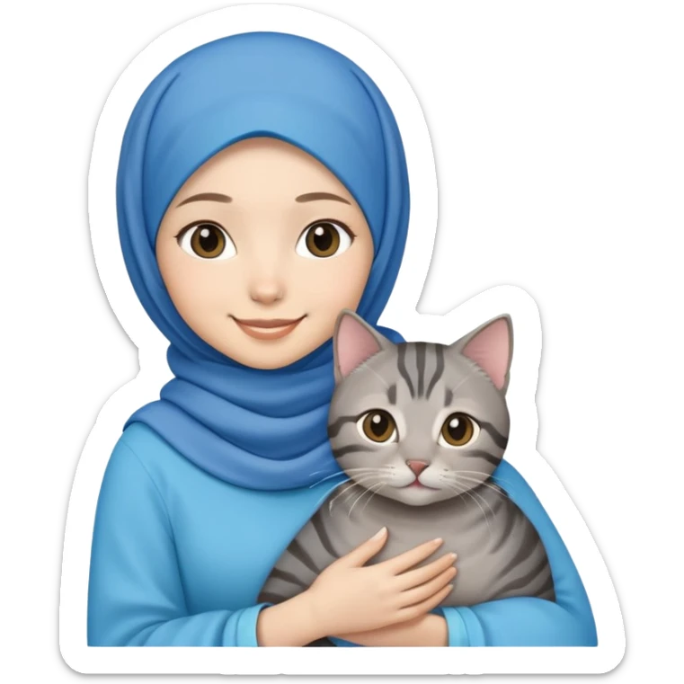 Asian white girl wearing blue hijab holding a black grey tabby cat with smiling sticker