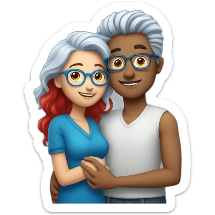 a boy with silver hair and a curvy girl with red hair and blue glasses hugging sticker