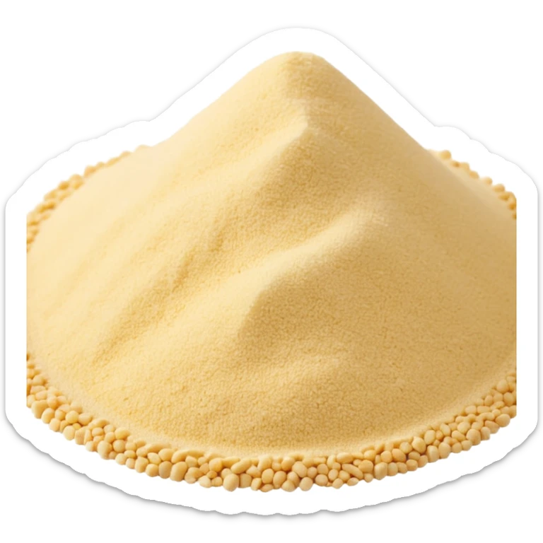 small mound of dry semolina, pale yellow to warm ivory color, fine sandy texture, dry matte surface, a few scattered granules around the base, slightly coarse or extra-fine, soft-looking and natural, clean minimal 3D-rendered style, no faces or container, transparent background, emoji scale sticker