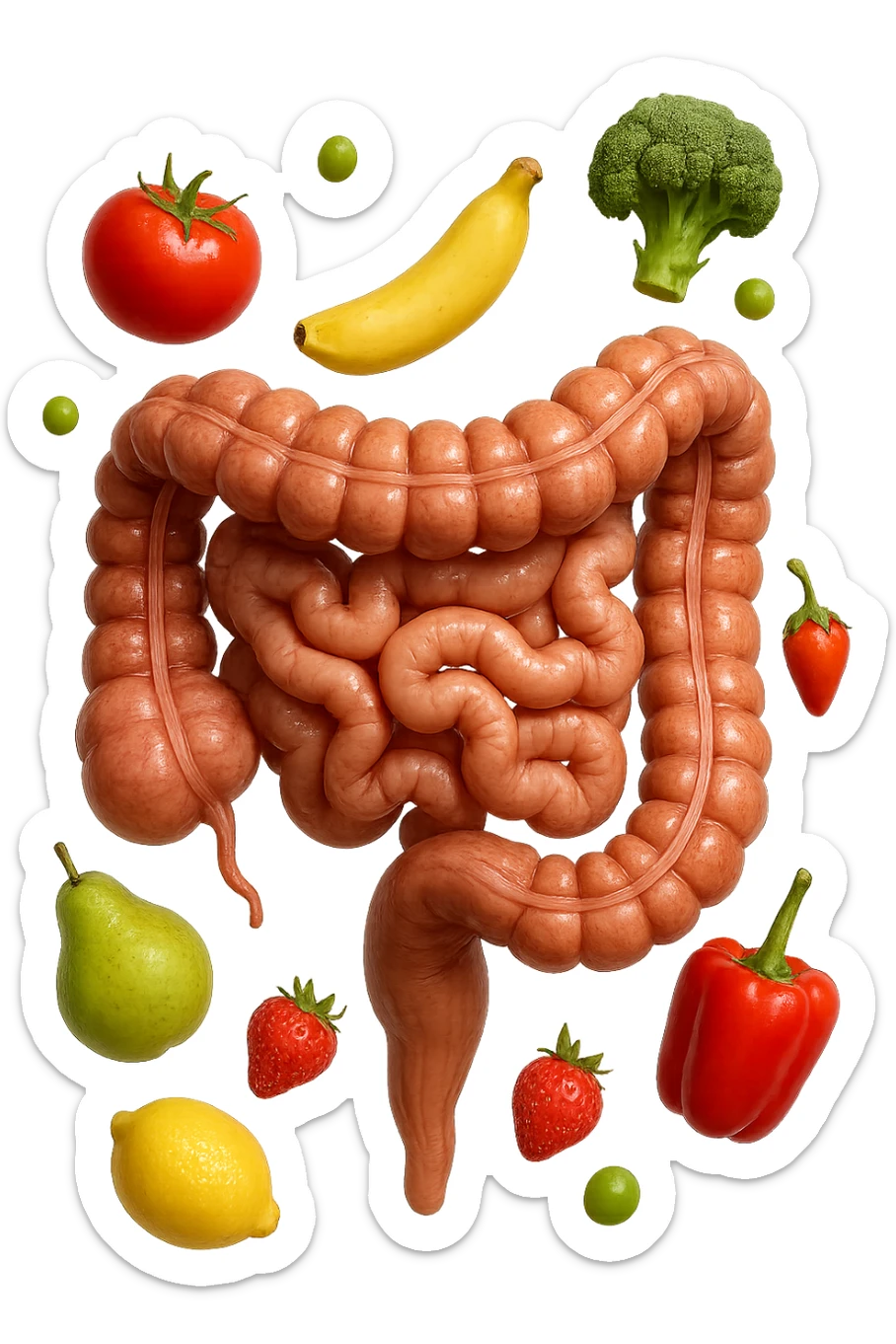 frutta e verdura fluttua intorno ad un intestino umano anatomico realistico, iperrealistico 4k sticker