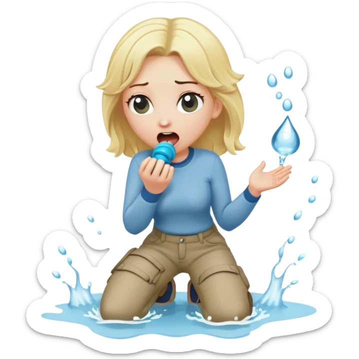 blond woman kneeling, shocked, playful cartoon stick with D-shaped knob and exaggerated features coming from trousers in front of her face, water jet into her mouth sticker