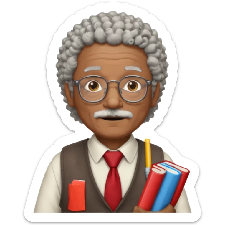 old man teacher, brown skin, curly grey white hai, wearing glasses, brown vest, red tie hold chalk on hand sticker