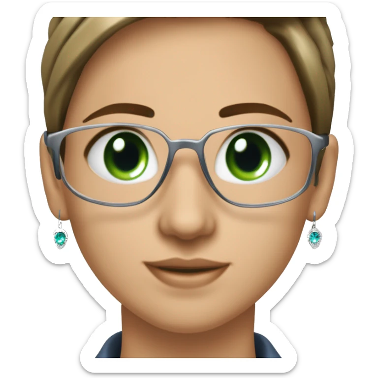 Junge Brünette Jura Studentin mit 2 Zöpfen, business casual gekleidet, Silber Schmuck und silberne Ohrringe. Kleines süßes Gesicht mit blau grünen Augen  sticker