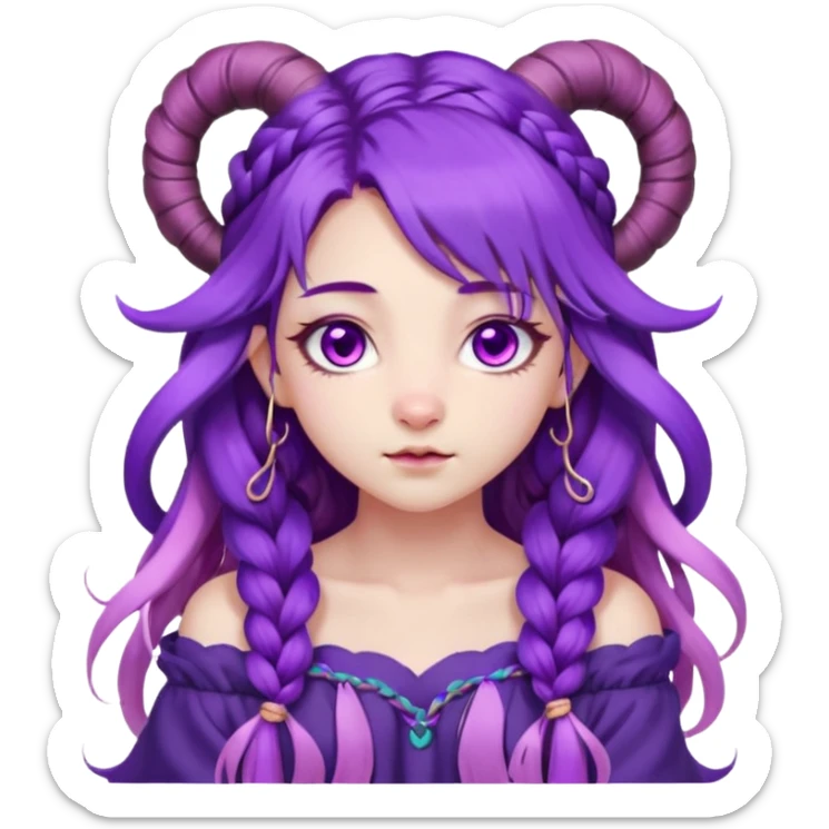 1 girl, long flowing purple hair with braided strands, vibrant and soft color palette, inspired by spirit blossom theme, long hair, loose wave straight haircut, sheep horns, pink eyes, young, skinny, japanese themed,  blossom, league of legends character, shy expression, blush, (off shoulder) sticker