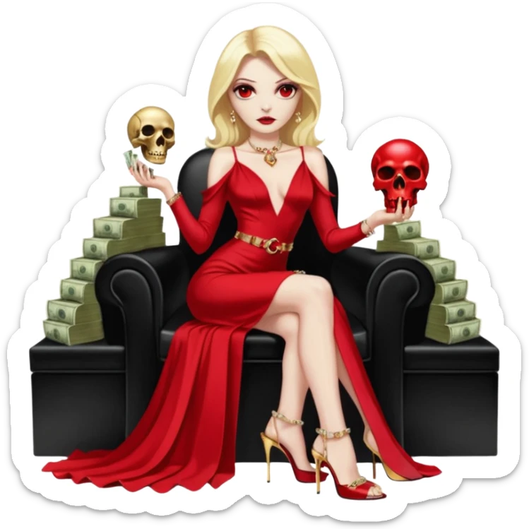 Lilith symbol red eye seductress evil shoulder length blonde haired sexy succubus woman with Gucci  long dress with slit, sitting on of gold and diamonds. Black Platform high heels on feet. seat full of stacks of cash,  dead human skull of her enemies in her other hand sticker