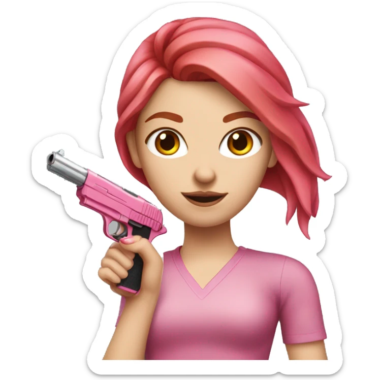 White Girl with red hair and hand pink nails holding pink gun sticker