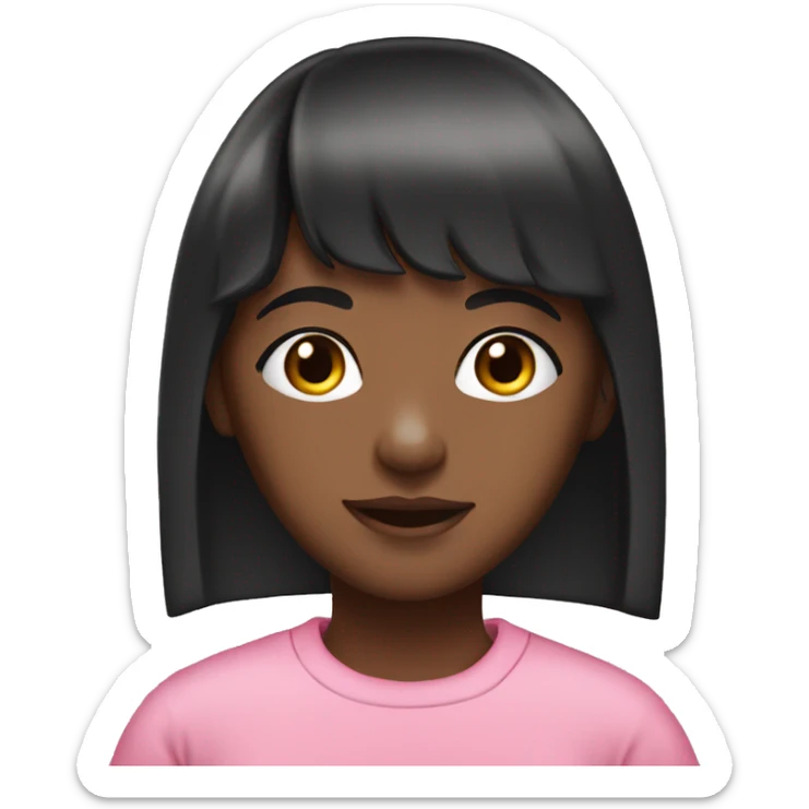 a young girl with dark brown skin, with straight black hair and bangs, wearing a pink sweatshirt. sticker