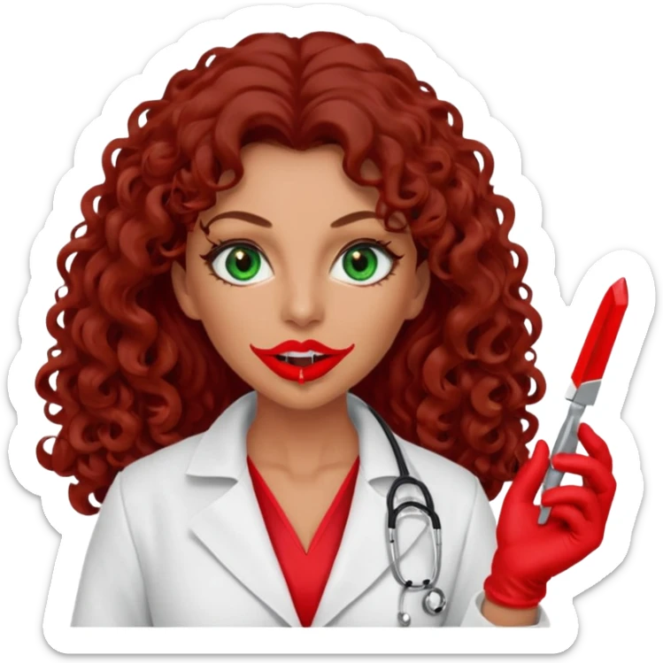 Lilith symbol sexy evil woman. She has green eyes.  had brown long curly hair.  evil surgeon kills with scalpel wears red sexy doctor coat with red mouth cover red gloves. Covers nose, neck  and mouth with Muslim red berka sticker