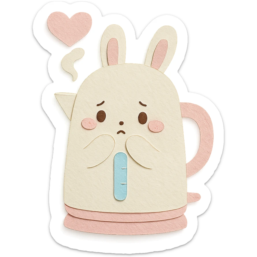 chibi electric kettle-bunny hybrid, shy, heart-shaped steam, pastel white and pink, full-body sticker
