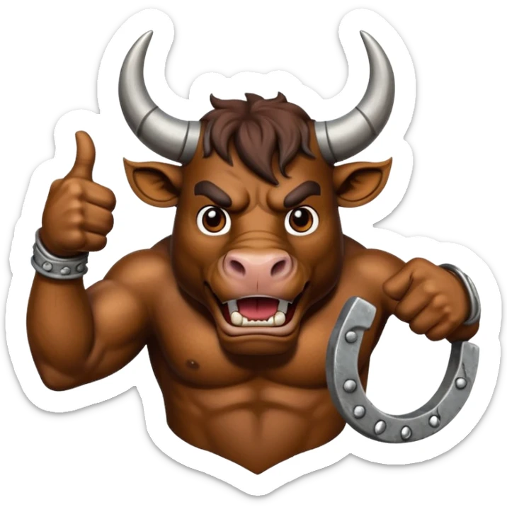 Emoji of an iron horseshoe with an angry powerful bull in the middle showing a thumbs up (Likes) sticker