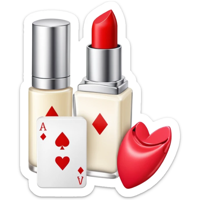 emoji of playing cards with illustrations of lipstick, serum and hand cream on them
 sticker