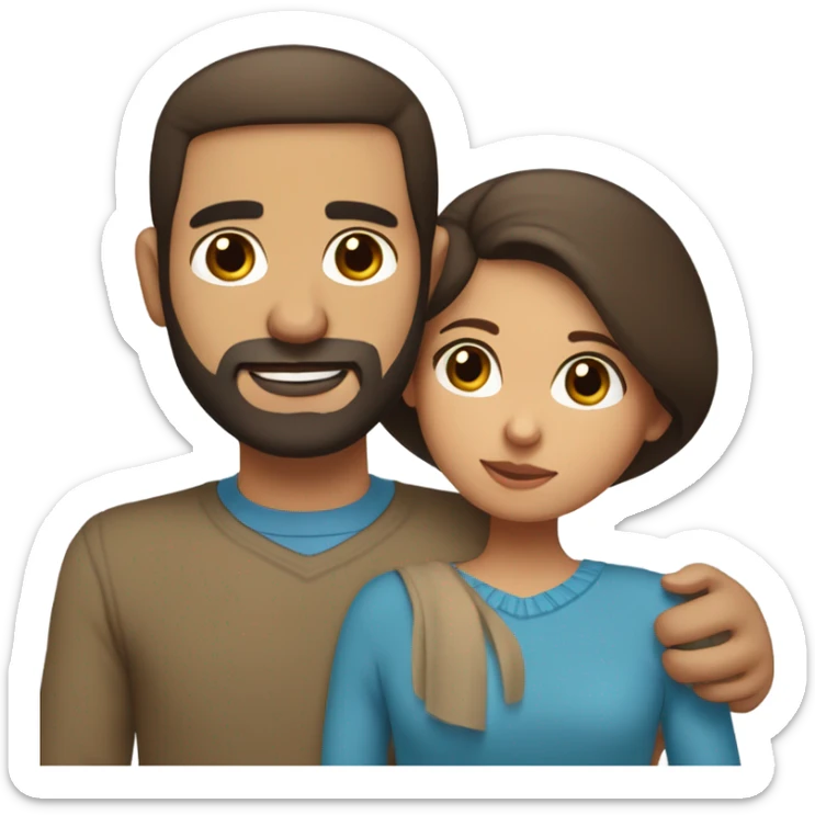 Comforting hug from brunette Puerto Rican with dark brown eyes wearing a cute blue top to short, bald man with brown eyes and a beard wearing a sweater sticker