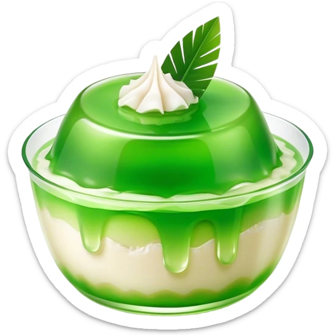 Cinematic Realistic Coconut Pandan Jelly Dessert Emoji, showcasing a delicate, translucent jelly infused with coconut and pandan rendered with lifelike detail and soft, tropical lighting. sticker