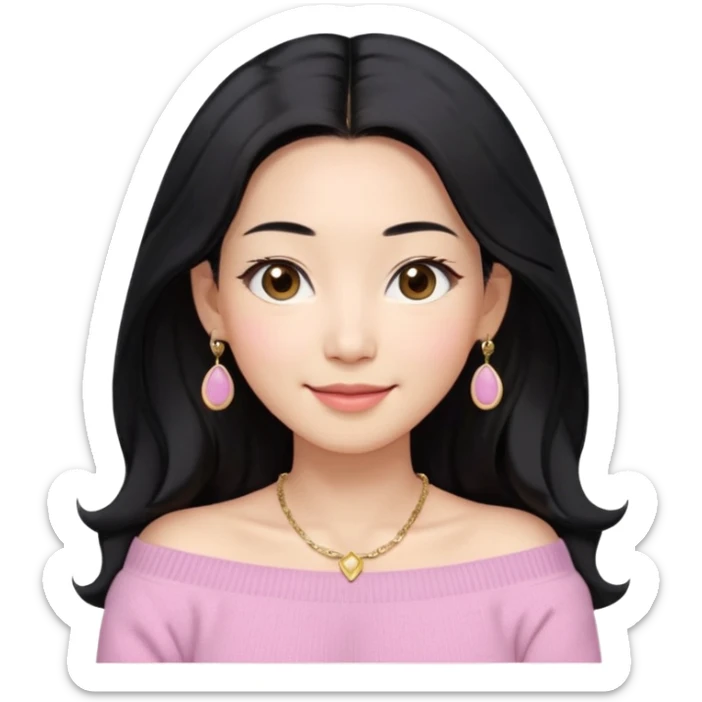 South Korean girl in her mid-thirties with long black hair and a middle part. She is wearing a baby pink, off the shoulder long sleeve knit sweater. She has small gold earrings and a gold necklace. She has brown eyes with narrow, mono lid shape and smiling with lips together sticker