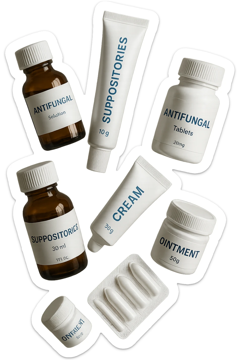 boccette di farmaci fluttuano in aria: creme, ovuli o antimicotici, IPERREALISTICO 4K sticker