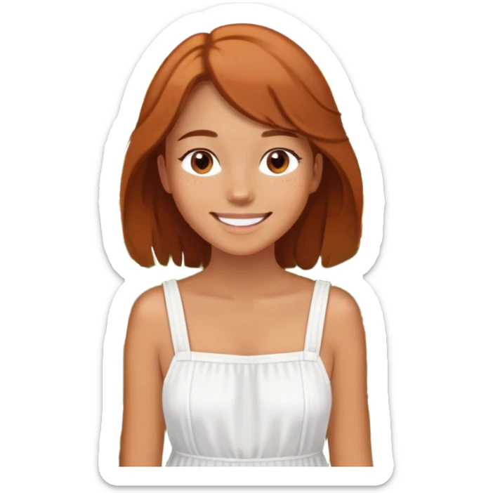  A smiling girl with freckles, wearing a white sundress, standing in a field of daisies. sticker