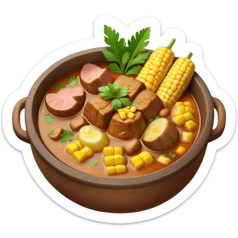 Cinematic Realistic Sancocho Antioqueño Emoji, depicting a hearty Colombian stew brimming with tender cuts of meat, yuca, plantains, corn on the cob, and potatoes in a rich, flavorful broth. Served in a rustic clay bowl with fresh cilantro and lime on the side, rendered with warm, inviting textures and homely, comforting lighting. sticker