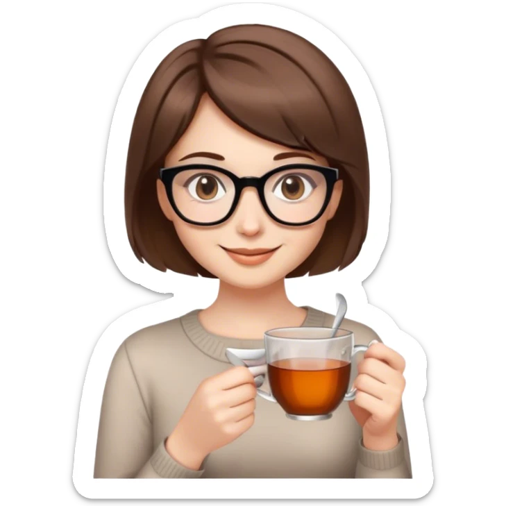 woman 55 years old white skin brown hair glasses short haircut smiling sweetly holding a cup of tea sticker