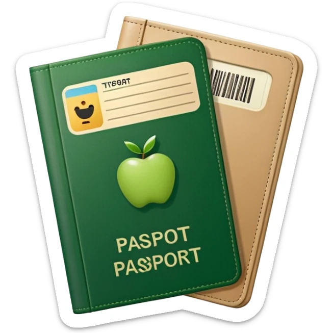 passport with protruding airline tickets, Apple emoji style, colors #173e12 and #c1a793, no text, simple shapes sticker