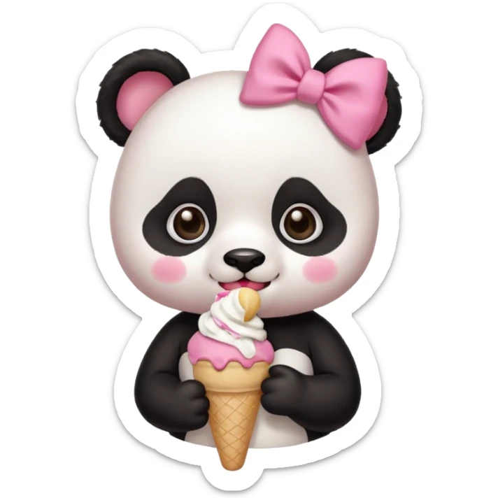 Cute chibi style girl Panda with eyelashes and big pink bow above ear eating and ice cream  sticker