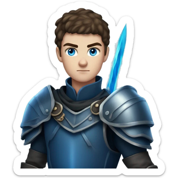 a 6'5" 19 years old Irish, teenage boy with slightly dark short hair. He wields a dark blue flaming sword, and wears a blue armor. He has blue eyes. He is very serious & strong  sticker