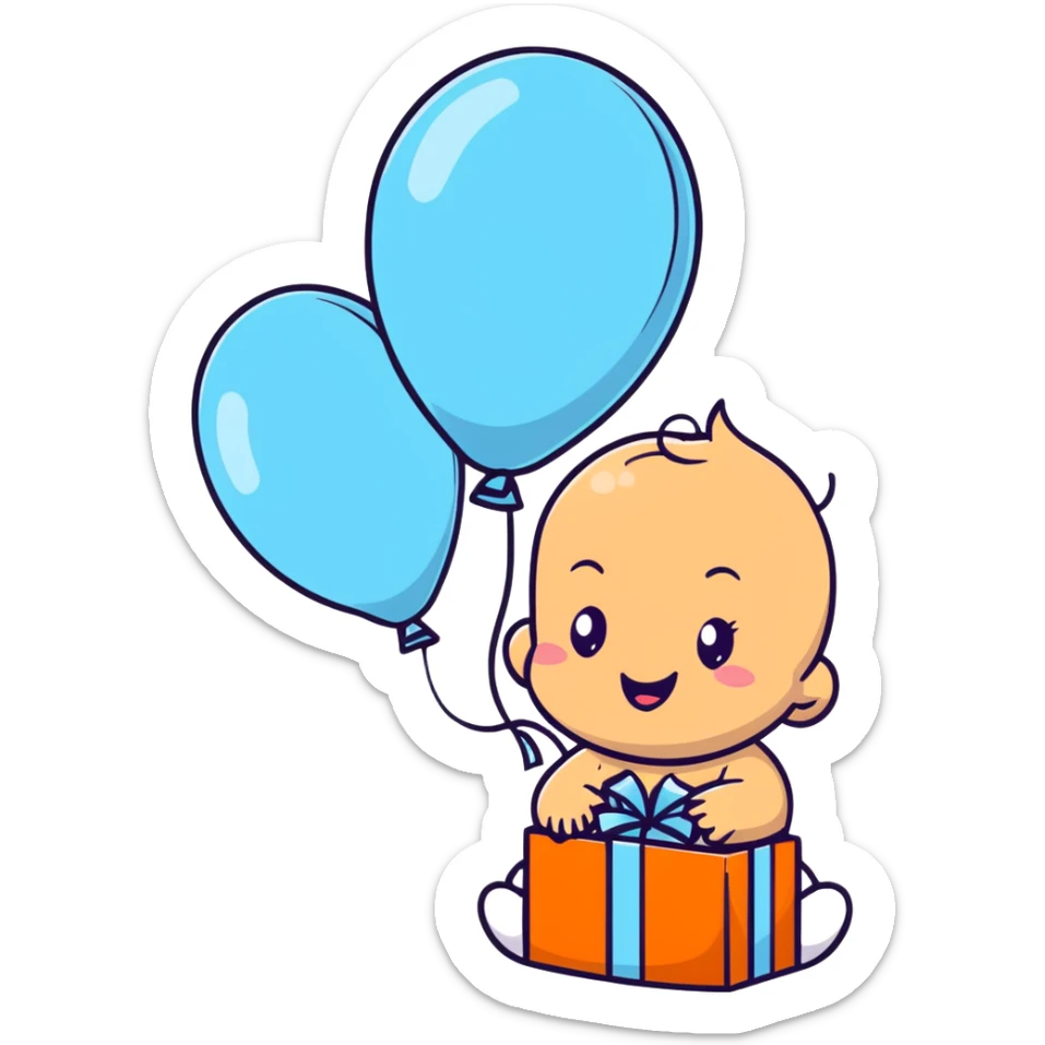 happy baby surrounded by pastel blue balloons and presents at birthday party sticker