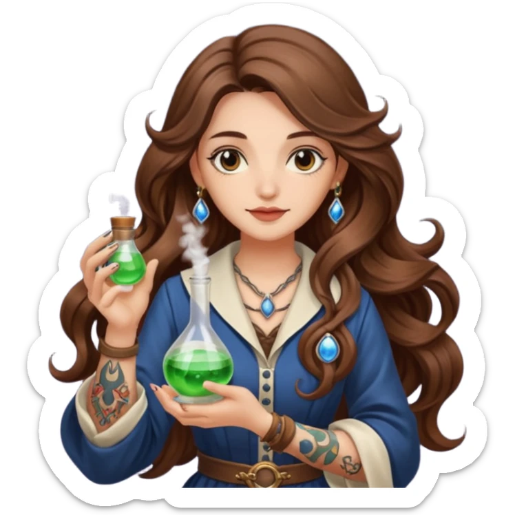 moon alchemist woman long wavy brown hair tattoos holding small potion sticker